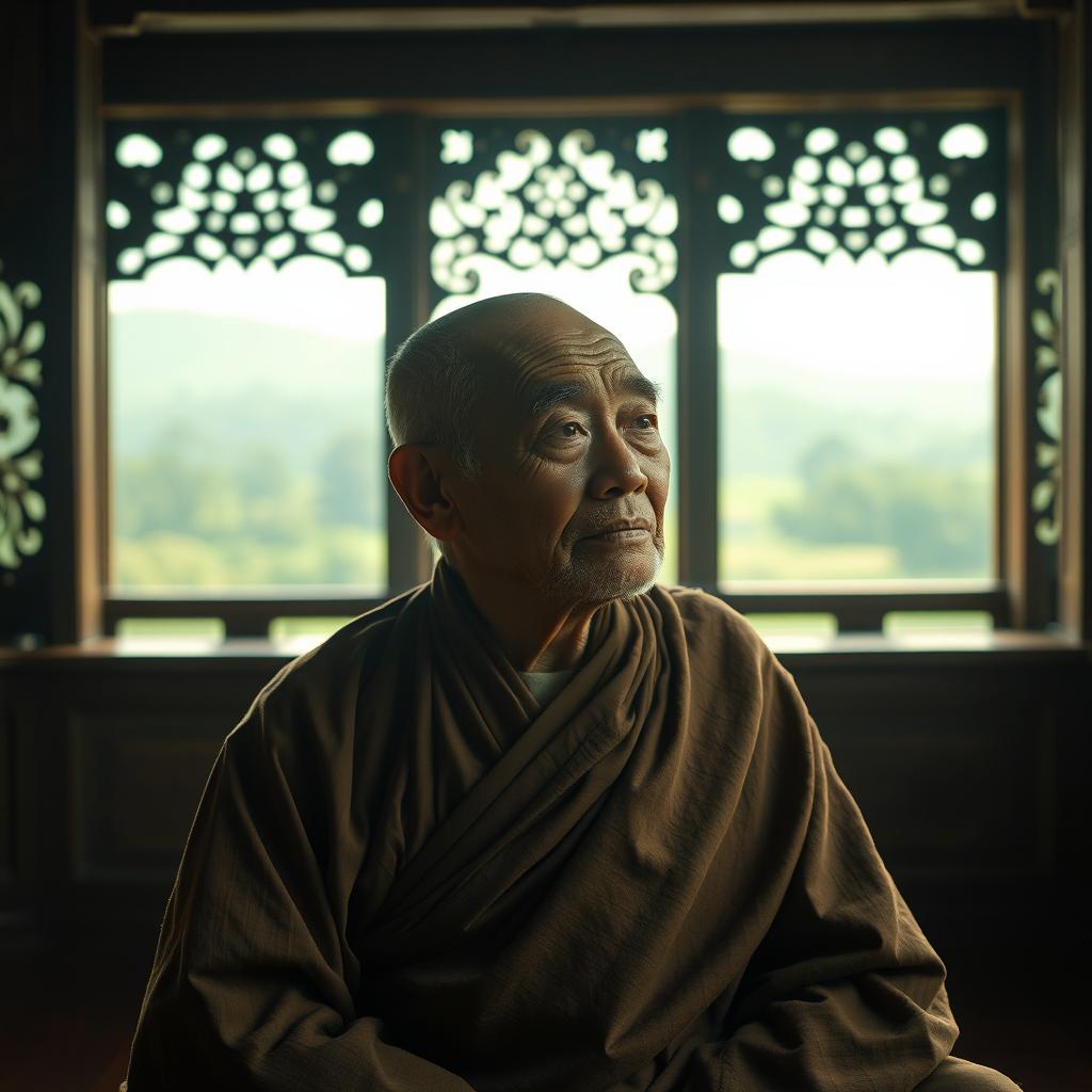 An old monk sitting in serene silence, deeply engaged in meditation within the ancient pagoda