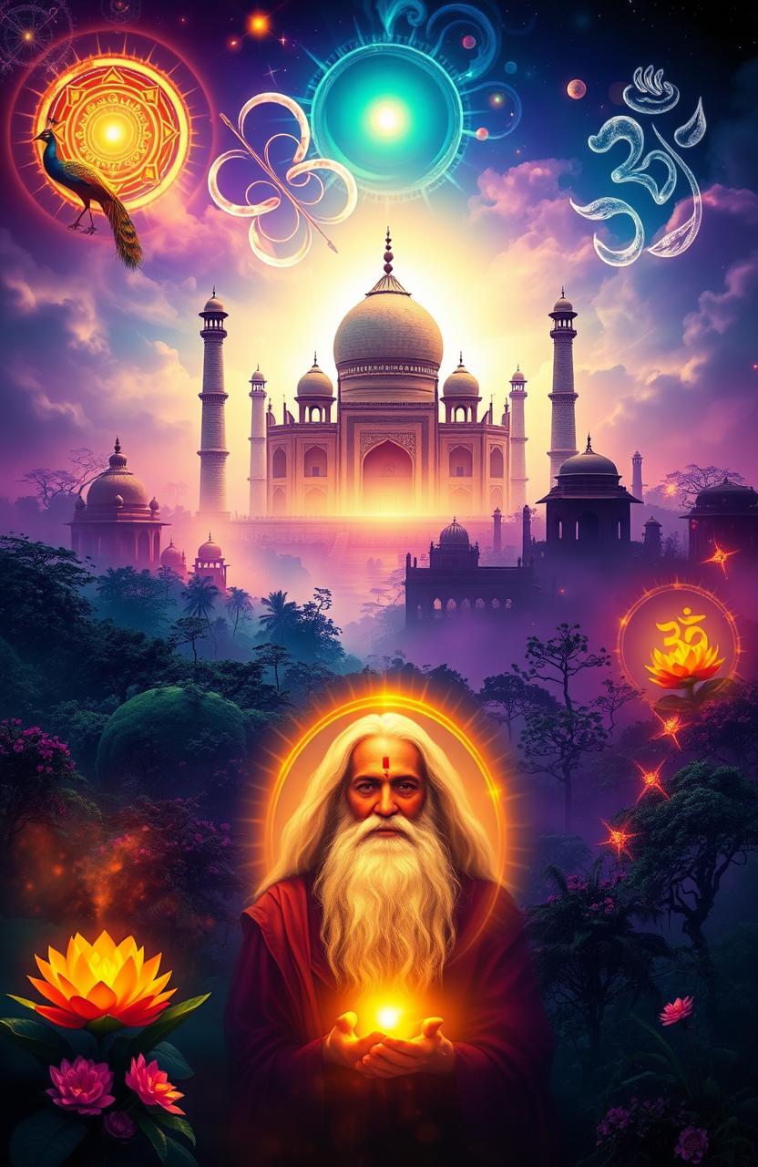 A mystical representation of Indian legends and mythology, showcasing a vibrant scene filled with ethereal beings, ancient temples, and lush forests