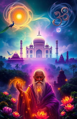 A mystical representation of Indian legends and mythology, showcasing a vibrant scene filled with ethereal beings, ancient temples, and lush forests
