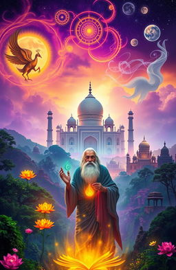 A mystical representation of Indian legends and mythology, showcasing a vibrant scene filled with ethereal beings, ancient temples, and lush forests