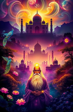 A mystical representation of Indian legends and mythology, showcasing a vibrant scene filled with ethereal beings, ancient temples, and lush forests