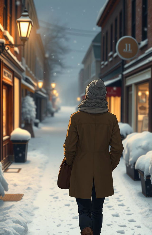 A romantic scene set in a small, cold town during winter, with snow gently falling