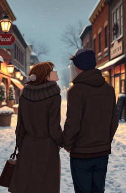 A romantic scene set in a small, cold town during winter, with snow gently falling