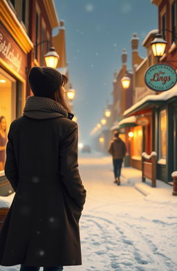 A romantic scene set in a small, cold town during winter, with snow gently falling