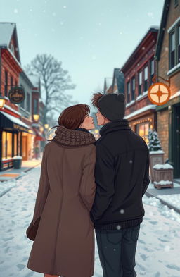 A romantic scene set in a small, cold town during winter, with snow gently falling