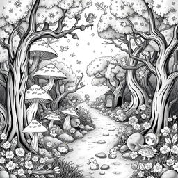 A cute and whimsical medieval image of a magical forest filled with enchanting features such as oversized mushrooms, fairytale-like trees with twisted branches, and sparkling streams