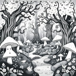 A cute and whimsical medieval image of a magical forest filled with enchanting features such as oversized mushrooms, fairytale-like trees with twisted branches, and sparkling streams