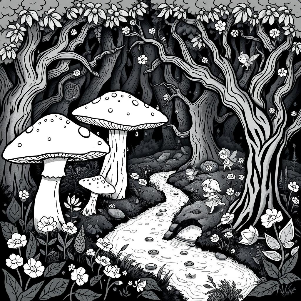 A cute and whimsical medieval image of a magical forest filled with enchanting features such as oversized mushrooms, fairytale-like trees with twisted branches, and sparkling streams