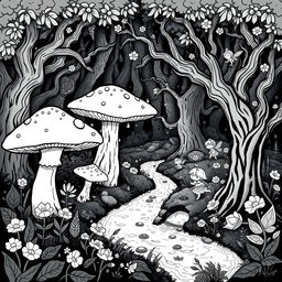 A cute and whimsical medieval image of a magical forest filled with enchanting features such as oversized mushrooms, fairytale-like trees with twisted branches, and sparkling streams