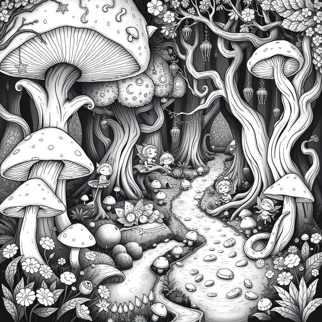 A cute and whimsical medieval image of a magical forest filled with enchanting features such as oversized mushrooms, fairytale-like trees with twisted branches, and sparkling streams