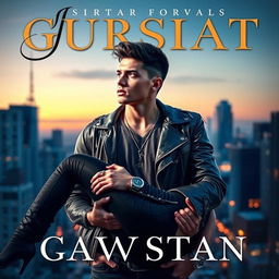 A stunning book cover featuring a young man with a thoughtful expression, dressed in casual but stylish attire, standing strong and confident
