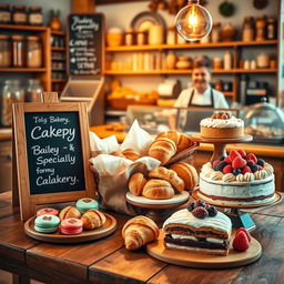 A vibrant and inviting advertisement for a cozy bakery, featuring an array of freshly baked pastries, bread, and cakes on a rustic wooden table