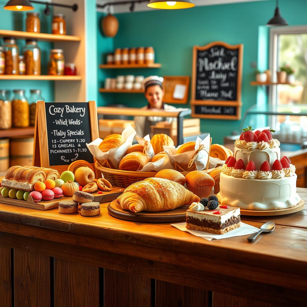 A vibrant and inviting advertisement for a cozy bakery, featuring an array of freshly baked pastries, bread, and cakes on a rustic wooden table