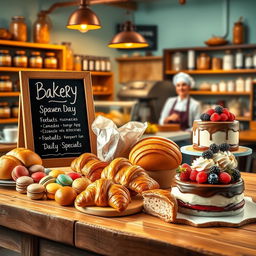 A vibrant and inviting advertisement for a cozy bakery, featuring an array of freshly baked pastries, bread, and cakes on a rustic wooden table