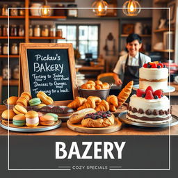 A vibrant and inviting advertisement for a cozy bakery, featuring an array of freshly baked pastries, bread, and cakes on a rustic wooden table