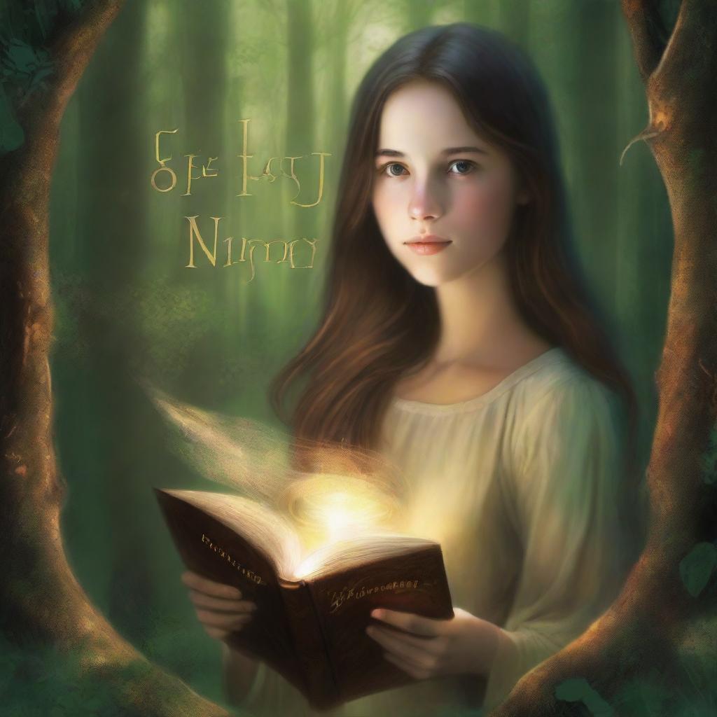 A captivating art piece in high definition, featuring a girl with long brown hair in a forest, holding a book, encircled by a light ring