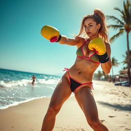 A dynamic scene featuring a woman named Mandy on a serene beach, wearing a stylish bikini, engaged in boxing with bright, colorful boxing gloves