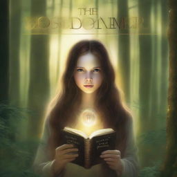 A captivating art piece in high definition, featuring a girl with long brown hair in a forest, holding a book, encircled by a light ring