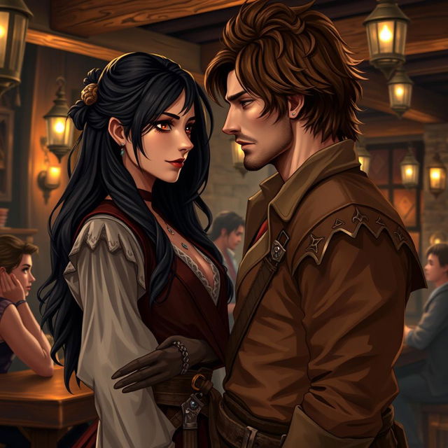 A fantasy character couple in a lively tavern setting