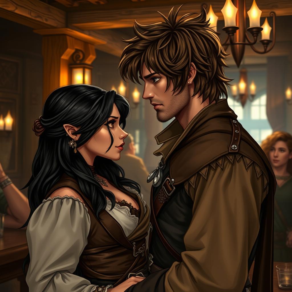 A fantasy character couple in a lively tavern setting