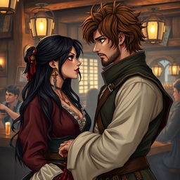 A fantasy character couple in a lively tavern setting