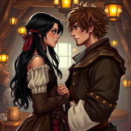 A fantasy character couple in a lively tavern setting
