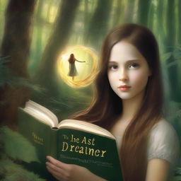 A captivating art piece in high definition, featuring a girl with long brown hair in a forest, holding a book, encircled by a light ring