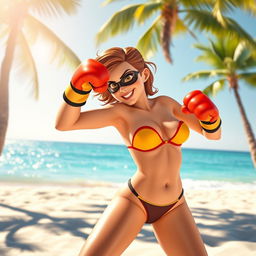 A dynamic scene featuring Elastigirl, the superhero from The Incredibles, playfully engaging in boxing at the beach