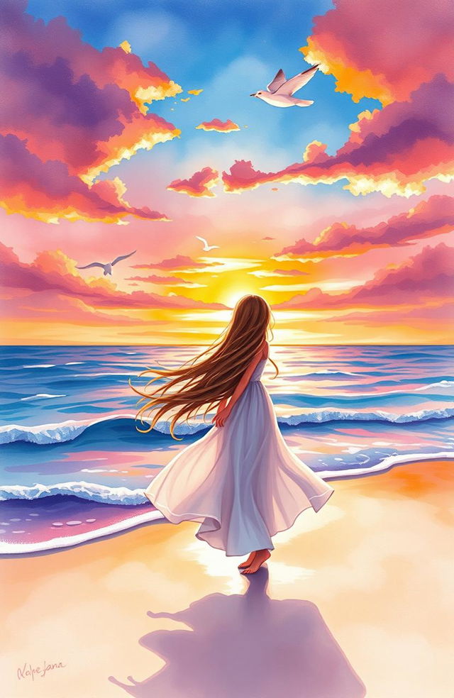 A beautiful watercolor painting of a girl standing gracefully on a beach during sunset