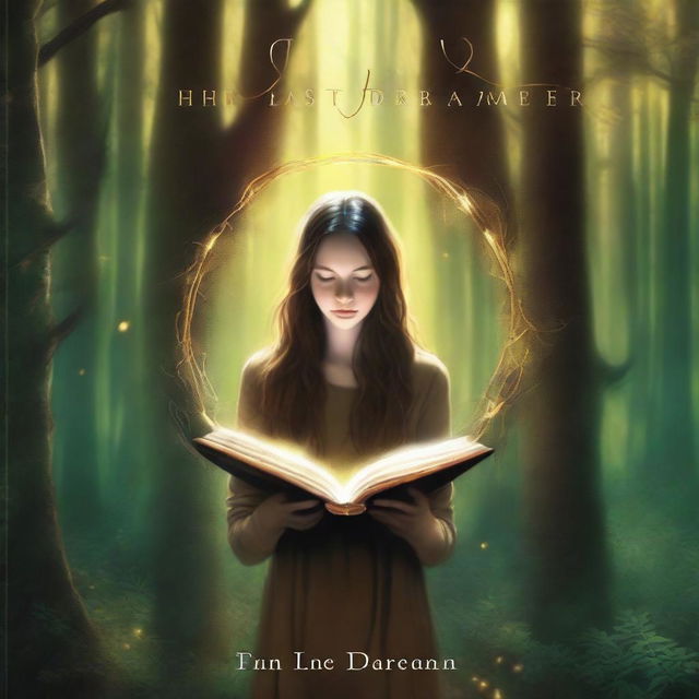 A captivating art piece in high definition, featuring a girl with long brown hair in a forest, holding a book, encircled by a light ring