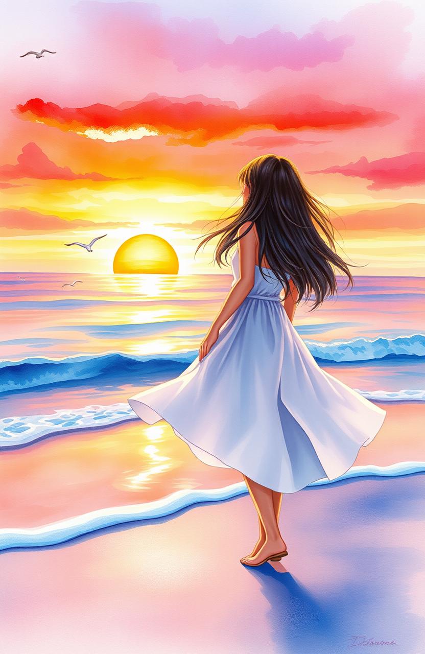 A beautiful watercolor painting of a girl standing gracefully on a beach during sunset