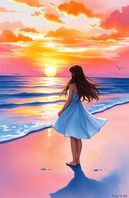 A beautiful watercolor painting of a girl standing gracefully on a beach during sunset