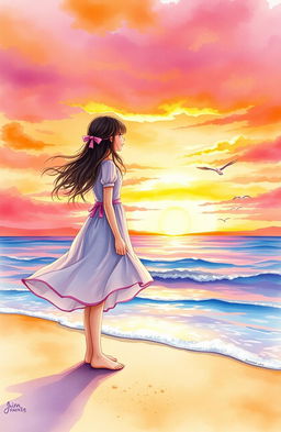 A beautiful watercolor painting of a girl standing gracefully on a beach during sunset
