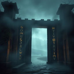 An ancient gate adorned with intricate runes, set in a medieval style