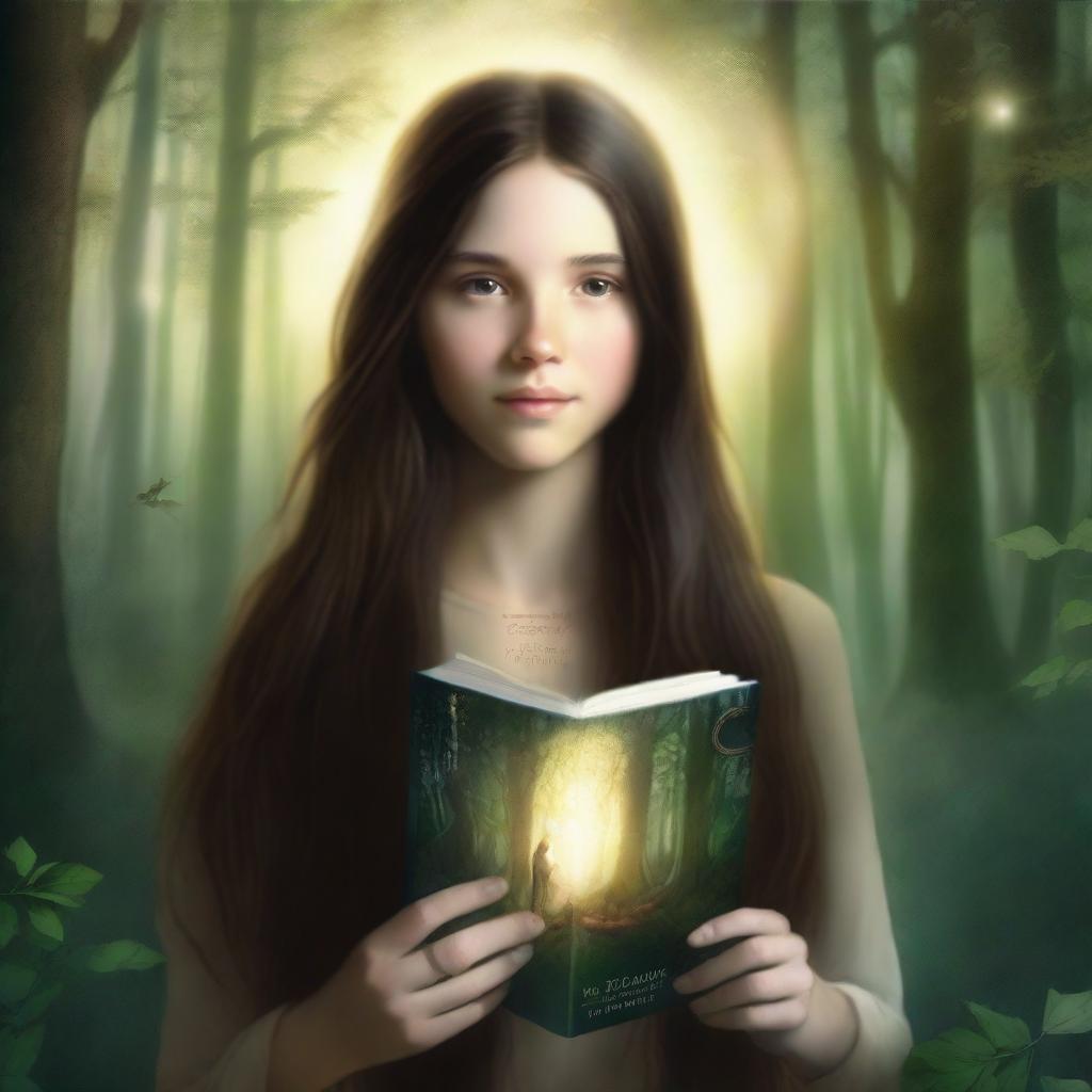 An artistic, high-resolution image depicts a girl with long brown hair in a forest, holding a book and surrounded by a ring of light