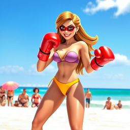 Elastagirl from The Incredibles, showcasing her superhero physique in a vibrant and stylish bikini while engaged in a playful beach boxing match