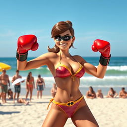 Elastagirl from The Incredibles, showcasing her superhero physique in a vibrant and stylish bikini while engaged in a playful beach boxing match