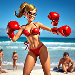 Elastagirl from The Incredibles, showcasing her superhero physique in a vibrant and stylish bikini while engaged in a playful beach boxing match