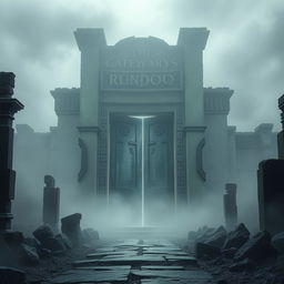 An ancient gate surrounded by the remnants of crumbling ruins, covered in intricate runes