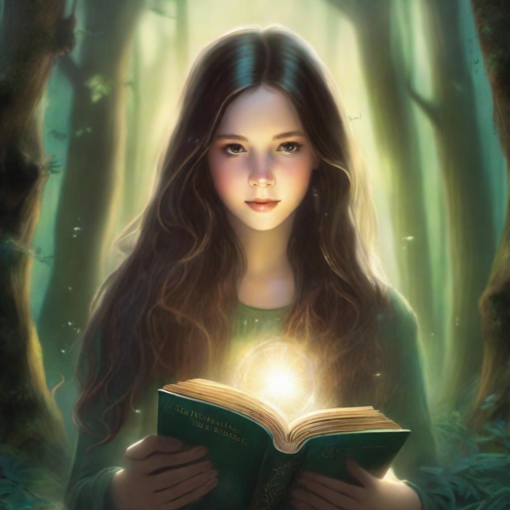 An artistic, high-resolution image depicts a girl with long brown hair in a forest, holding a book and surrounded by a ring of light