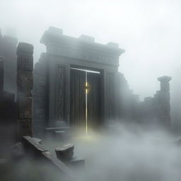 An ancient gate surrounded by the remnants of crumbling ruins, covered in intricate runes