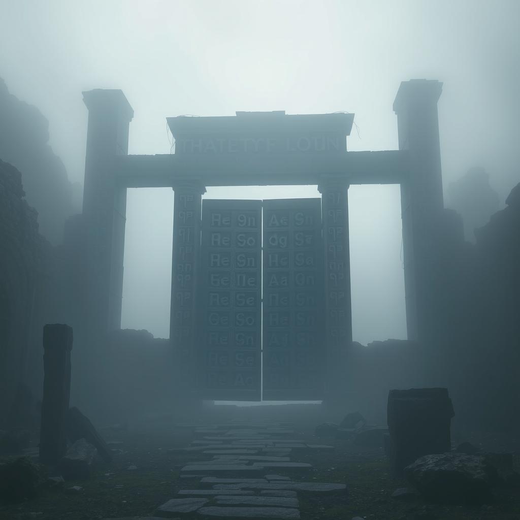 An ancient gate surrounded by the remnants of crumbling ruins, covered in intricate runes