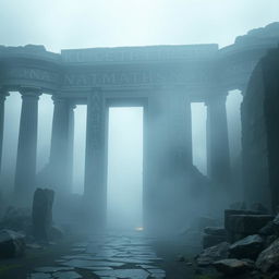 An ancient gate surrounded by the remnants of crumbling ruins, covered in intricate runes