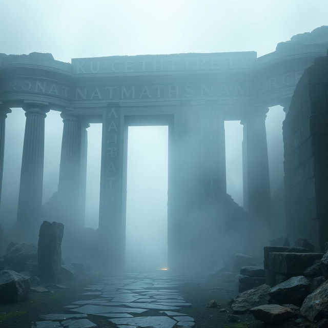 An ancient gate surrounded by the remnants of crumbling ruins, covered in intricate runes