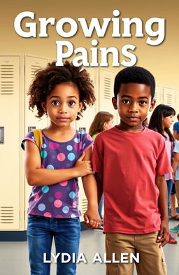 A book cover for "Growing Pains" by Lydia Allen, featuring two kids around 12 years old holding hands and looking directly into the camera with a confident yet slightly nervous expression