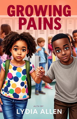 A book cover for "Growing Pains" by Lydia Allen, featuring two kids around 12 years old holding hands and looking directly into the camera with a confident yet slightly nervous expression