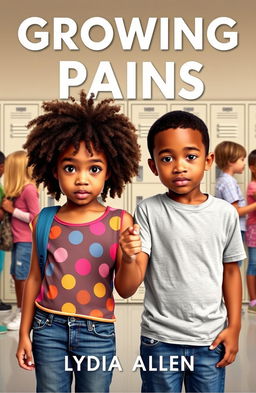 A book cover for "Growing Pains" by Lydia Allen, featuring two kids around 12 years old holding hands and looking directly into the camera with a confident yet slightly nervous expression