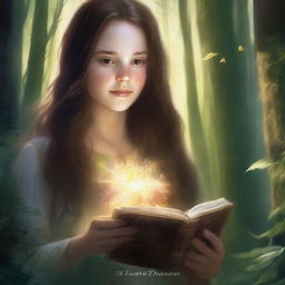 An artistic, high-resolution image depicts a girl with long brown hair in a forest, holding a book and surrounded by a ring of light