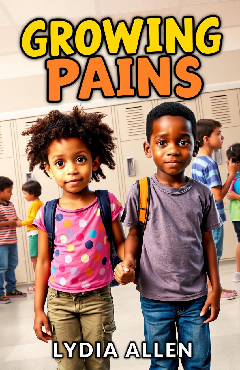 A book cover for "Growing Pains" by Lydia Allen, featuring two kids around 12 years old holding hands and looking directly into the camera with a confident yet slightly nervous expression