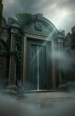 A massive ancient gate adorned with intricate runes, surrounded by detailed ruins that evoke a sense of lost history